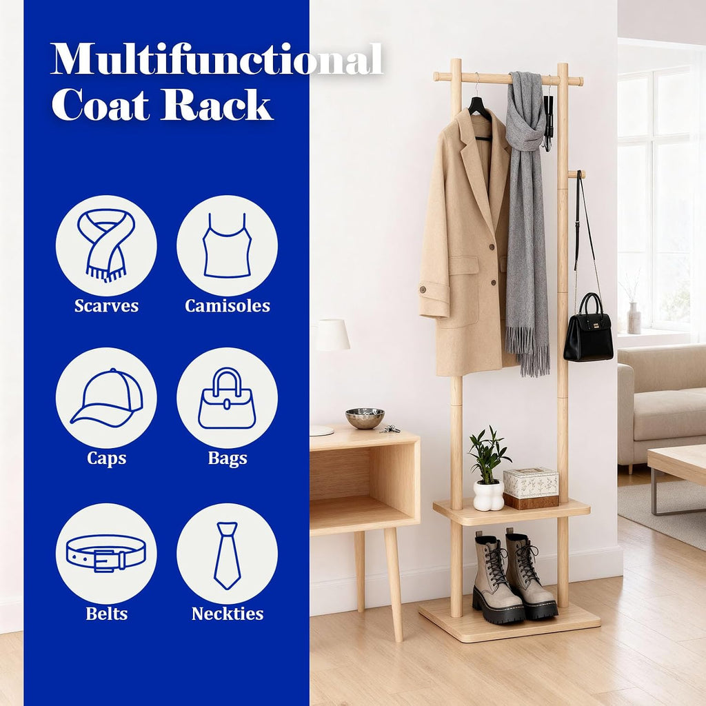 Wooden Coat Rack Freestanding,Hall Tree with Sturdy Base,Clothing Rack for Hanging Clothes,Small Clothes Rack with 3 Storage Shelves,Space Saving for Entryway, Hallway, Bedroom (Natural)