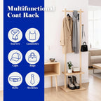 Wooden Coat Rack Freestanding,Hall Tree with Sturdy Base,Clothing Rack for Hanging Clothes,Small Clothes Rack with 3 Storage Shelves,Space Saving for Entryway, Hallway, Bedroom (Natural)