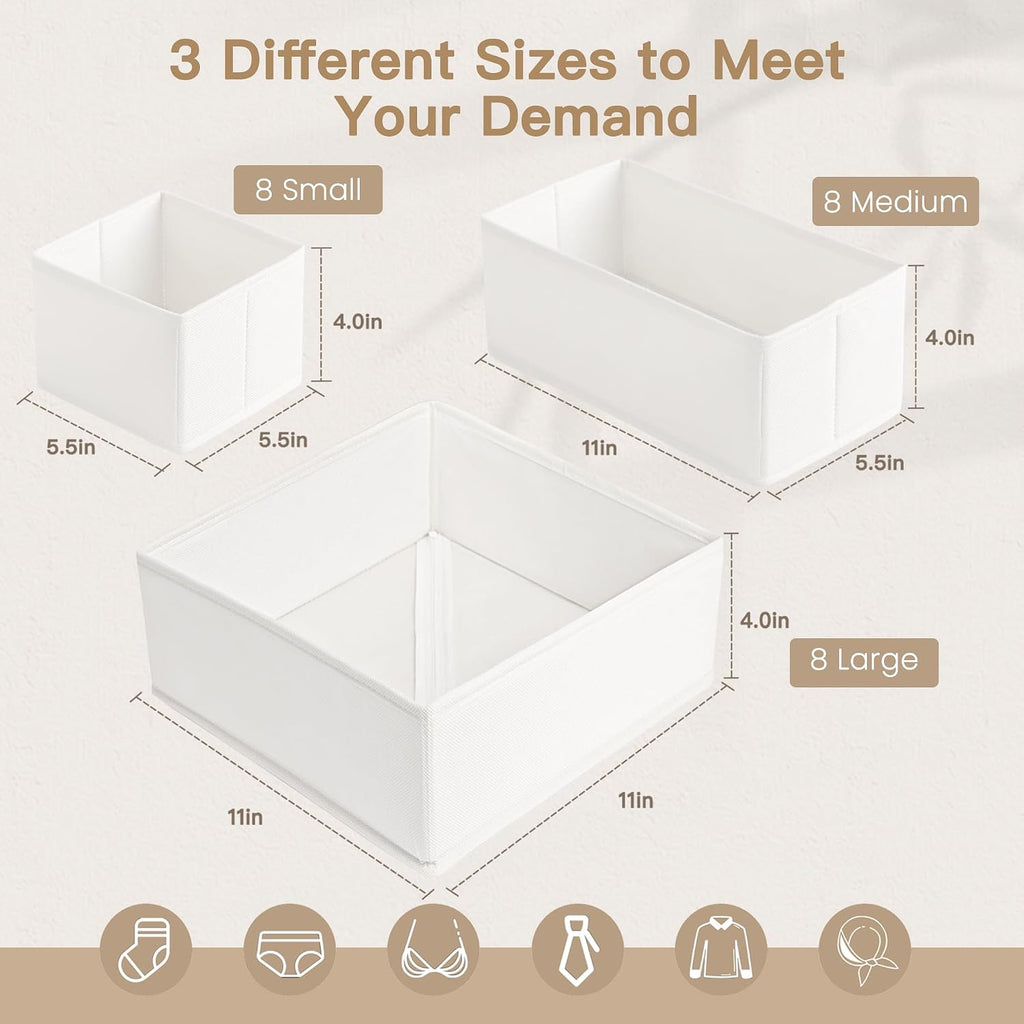 Criusia Drawer Organizer Clothes, 24 Pack Dresser Organizer for Baby Clothes, Underwear, Sock- Foldable Closet Organization and Storage Dividers Bins for Nursery, Bedroom and Dorm (White)