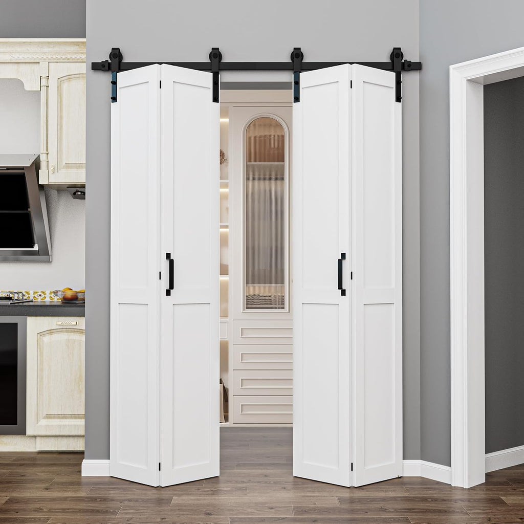 50" x 84" Bifold Barn Door with Hardware and Track Kit Included, Pre-Assembled Solid Core Panel Bi-fold Barn Door for Pantry, Closet, Primed White Finish with Water-Resistance, Paintable, H Shape