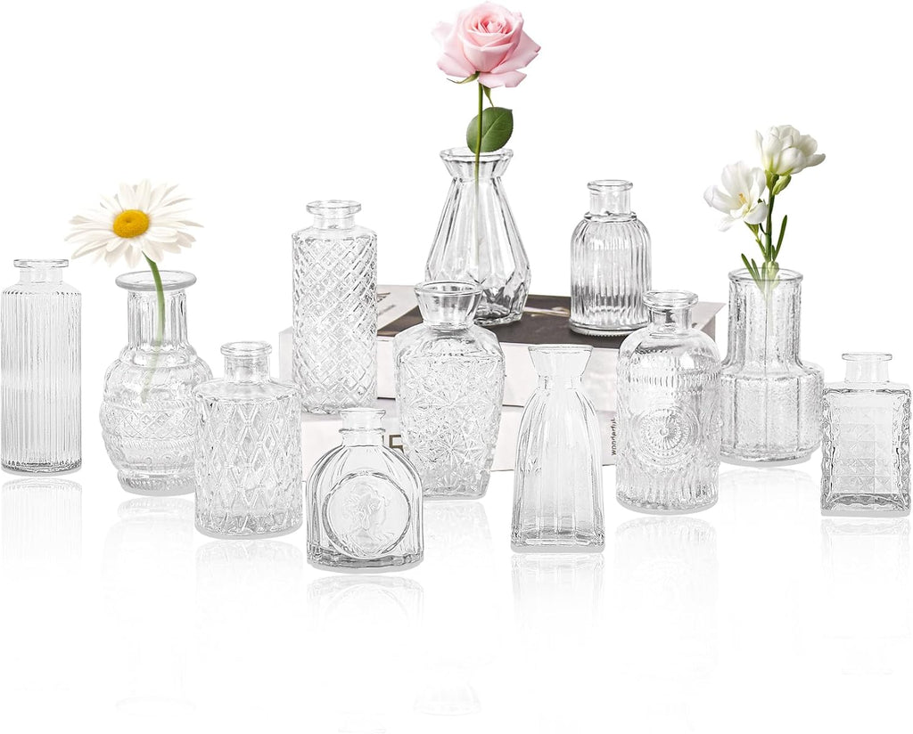 Set of 12 Glass Bud Vase Set, Small Vintage Clear Flower Vase Centerpieces for Table Bulk Cute Rustic Style Mini Vase for Home Decor Wedding Baby Shower Birthday Party