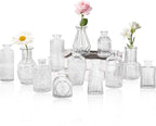 Set of 12 Glass Bud Vase Set, Small Vintage Clear Flower Vase Centerpieces for Table Bulk Cute Rustic Style Mini Vase for Home Decor Wedding Baby Shower Birthday Party