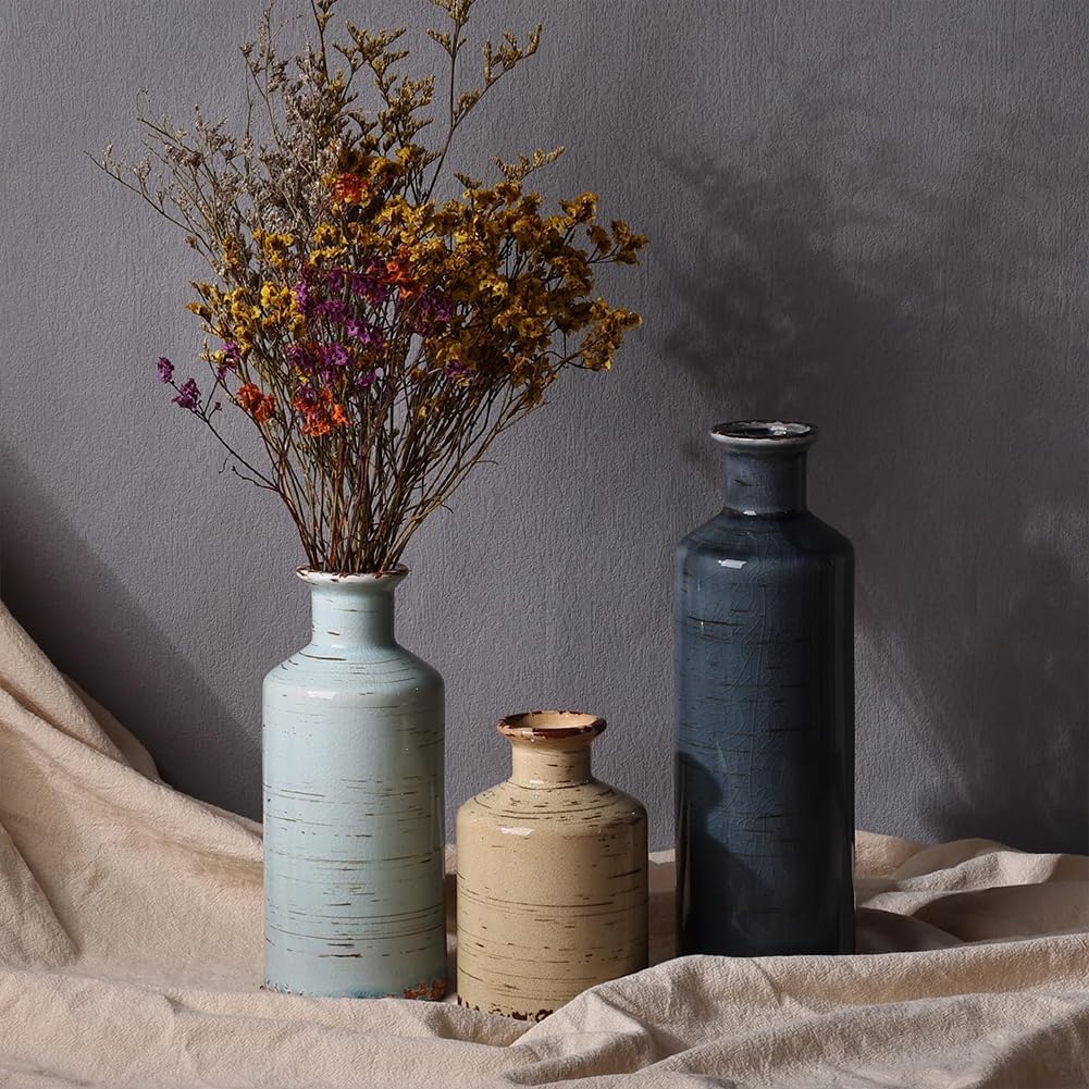 Ceramic Vase Set of 3, Crackle Glaze Decorative Flower Vases for Dried or Fresh Arrangements, Modern Farmhouse Decoration Table Shelf Centerpiece for Living Room, Dining, Fireplace, Entryway