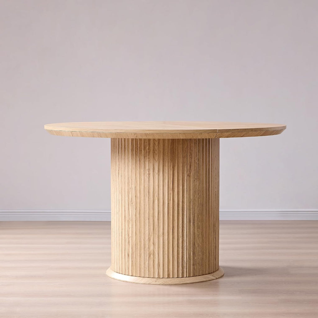 OKD Fluted Round Dining Table for 4, 47" Modern Kitchen Table with Thickened Edge & Cylindrical Base for Kitchen Living Room,Natural Oak(Table Only)