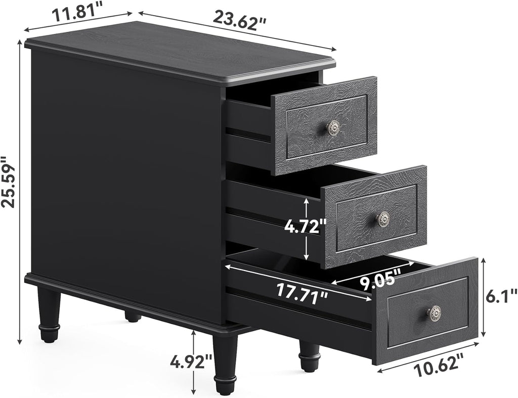 LITTLE TREE Fully Assembled End Table, Set of 2, Narrow Bedside Table with 3 Drawers, Vintage Nightstand for Small Spaces, Living Room, Bedroom, Black