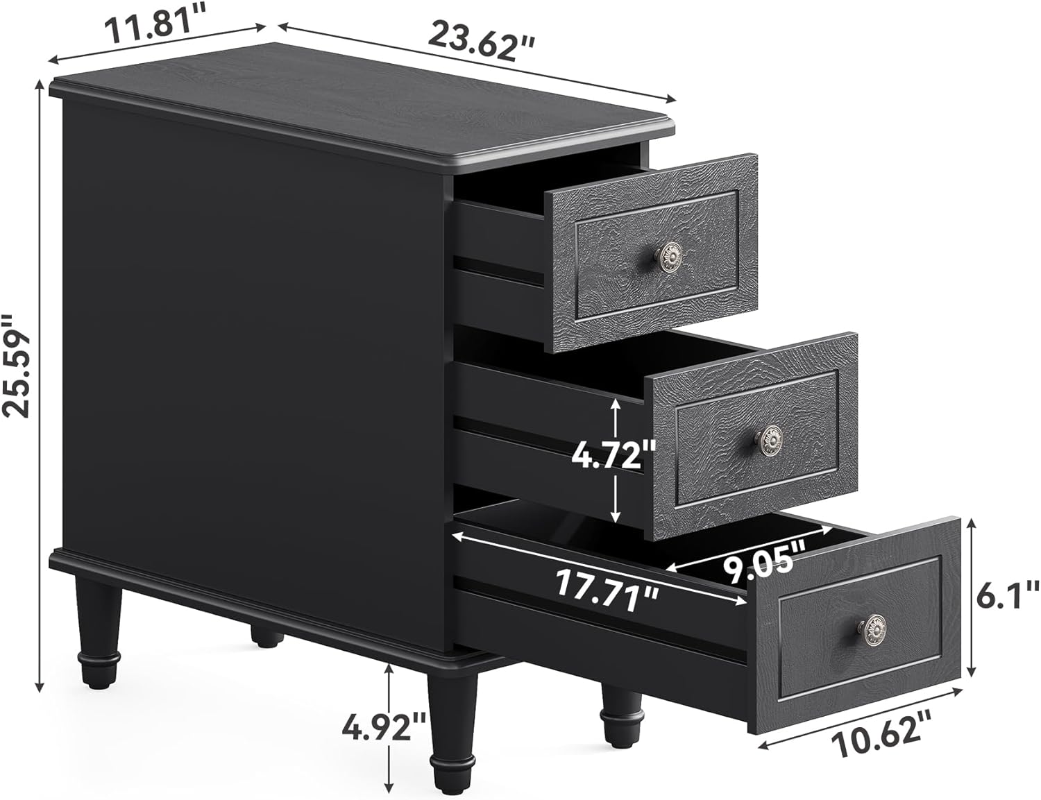 LITTLE TREE Fully Assembled End Table, Set of 2, Narrow Bedside Table with 3 Drawers, Vintage Nightstand for Small Spaces, Living Room, Bedroom, Black