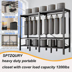 Foldable Portable Closet Wardrobe on Wheel Heavy Duty Metal Clothing Rack with Cover Freestanding Armoire Storage System Rolling Garment Racks for Hanging Clothes (C,Grey Cover, 66.1in/168cm)