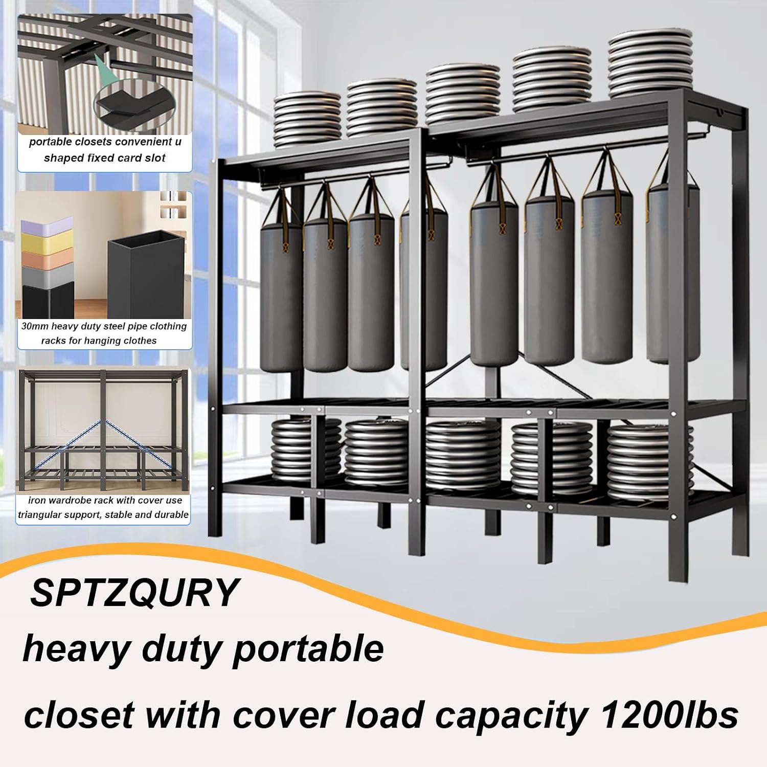 Foldable Portable Closet Wardrobe on Wheel Heavy Duty Metal Clothing Rack with Cover Freestanding Armoire Storage System Rolling Garment Racks for Hanging Clothes (C,Grey Cover, 66.1in/168cm)