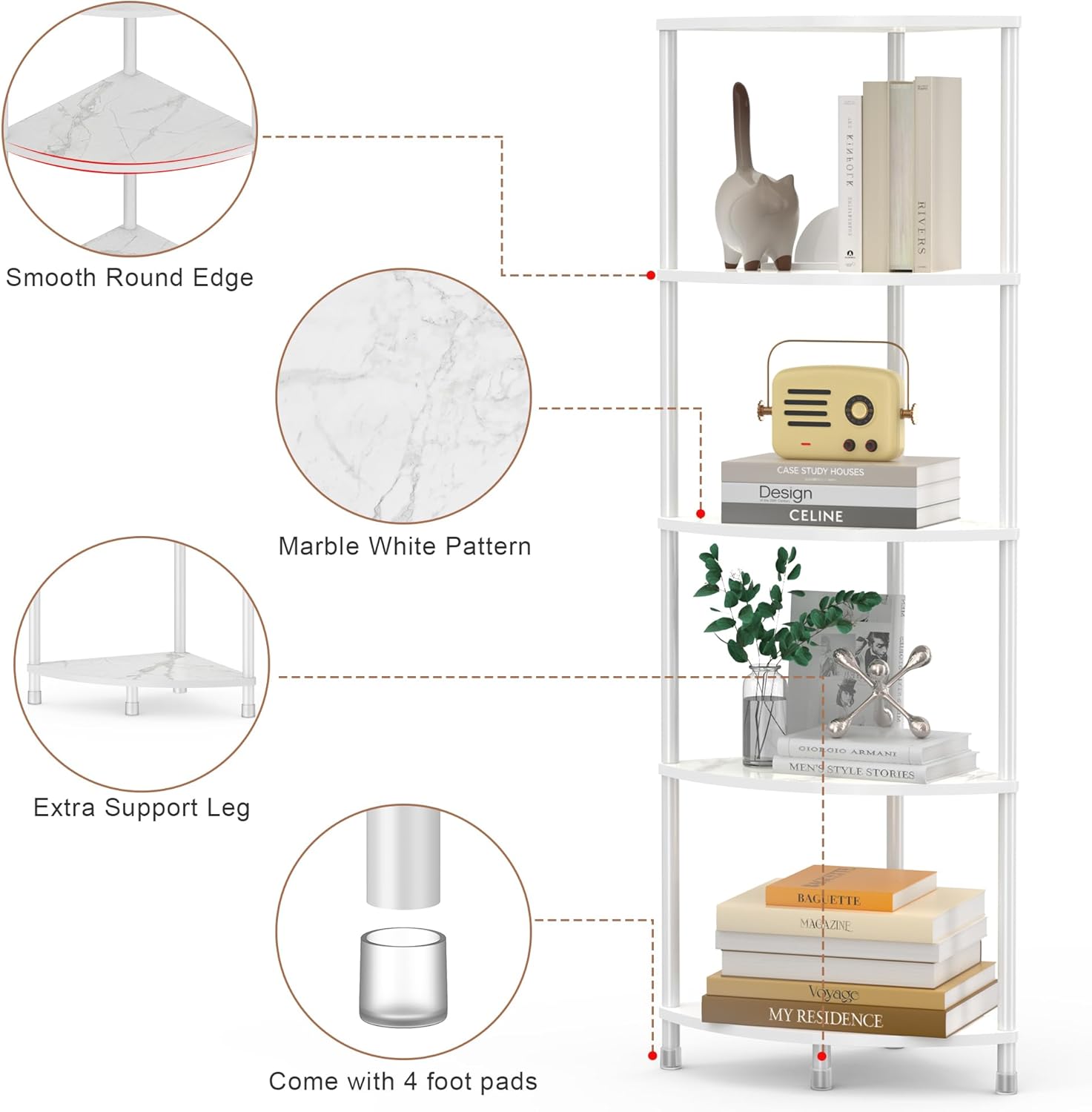 5 Tier Corner Shelf Stand, 44.1" Kitchen Shelf Organizer with Metal Frame, Small Corner Shelf for Bathroom Organization & Storage, Marble White Corner Shelf for Kitchen Decor Accessories