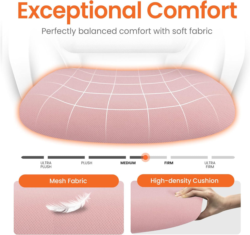 NEO CHAIR Office Desk Ergonomic Computer Mesh Chair with Lumbar Mid Back Support Adjustable Height Swivel Rolling Wheels Comfy Task Vanity Chair for Home Bedroom Study (Pastel Pink)