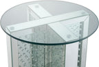 Nysa Modern 21" Round Mirrored End Table with Faux Crystal Inlay, Glam X-Shape Pedestal Side Table, Tempered Glass Top Nightstand for Bedroom, Fully Assembled Accent Table for Living Room