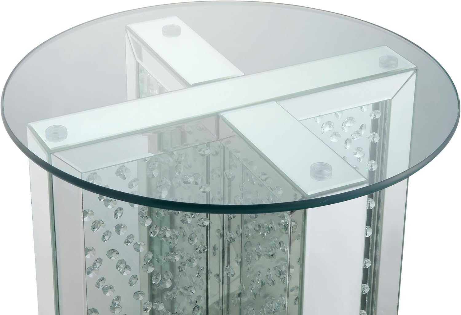 Nysa Modern 21" Round Mirrored End Table with Faux Crystal Inlay, Glam X-Shape Pedestal Side Table, Tempered Glass Top Nightstand for Bedroom, Fully Assembled Accent Table for Living Room