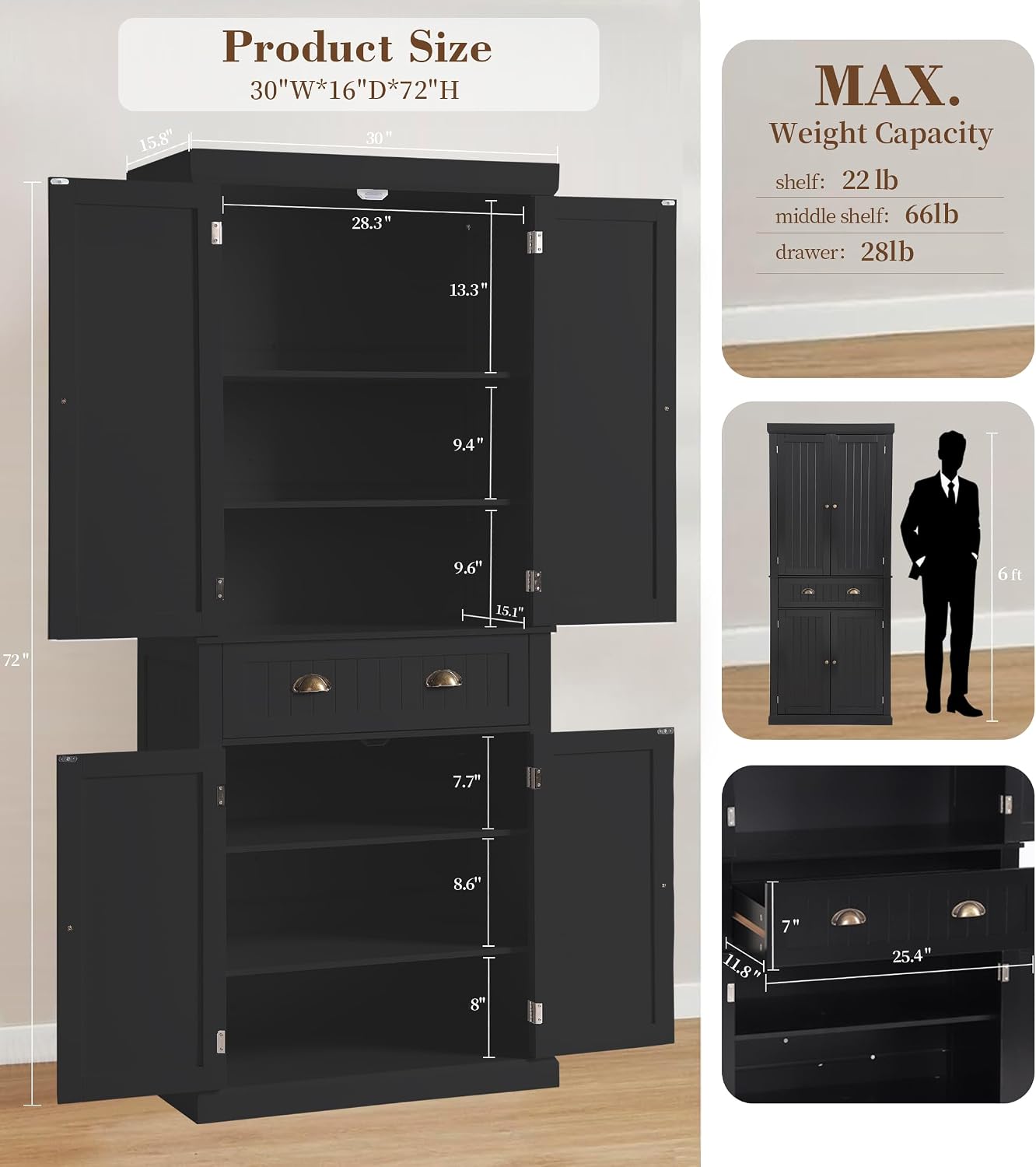 KIGOTY 72" Tall Kitchen Pantry Cabinet with Drawer and 4 Adjustable Shelves, Freestanding Pantry Storage Cabinets, Wood Cupboard Pantry Cabinet for Kitchen, Dining Room, Living Room, Black