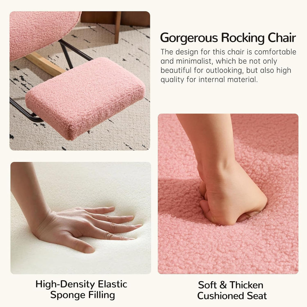 Furniliving Nursery Rocking Chair Armchair Upholstered Glider Rocking Chair Accent Chair with Retractable Footrest Reading Chair with High Backrest Solid Wood Base for Bedroom, Pink, Teddy, 2PCS