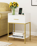 Masupu Nightstand with Charging Station,3-Tier Modern Bedside Night Stand with Storage Drawer and Shelf,Small End Side Table for Bedroom,Living Room,White
