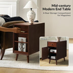 Mid Century Modern End Table with Charging Station, Wooden Side Table with USB Ports and Outlets, Narrow Beside Accent Table with Cup Holder & Magazine Rack, Walnut