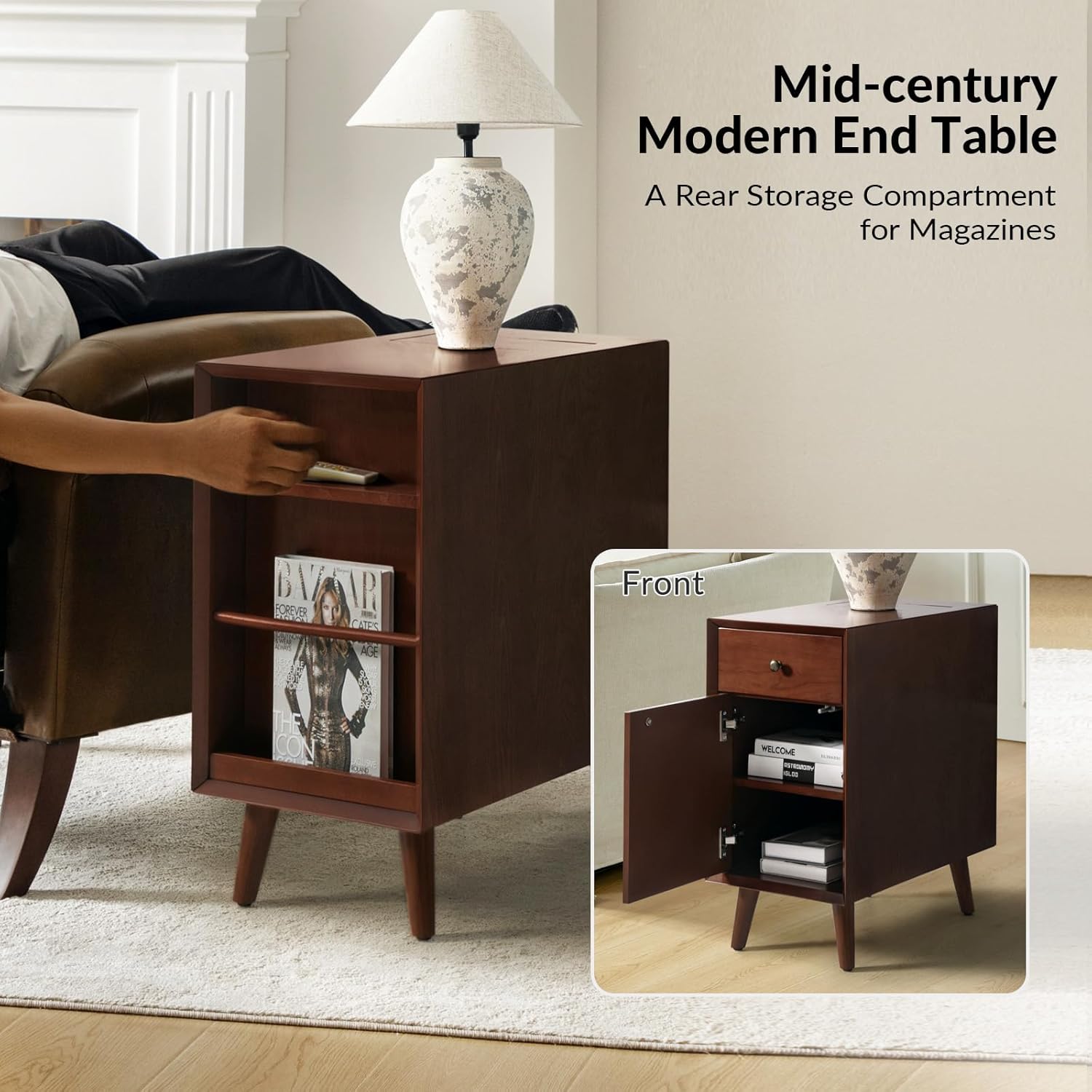 Mid Century Modern End Table with Charging Station, Wooden Side Table with USB Ports and Outlets, Narrow Beside Accent Table with Cup Holder & Magazine Rack, Walnut