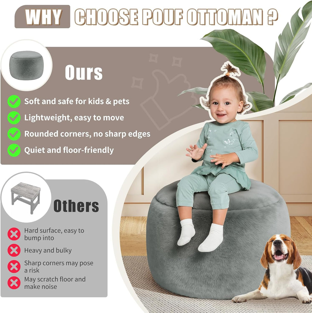 Round Stuffed Pouf Ottoman Foot Rest, Faux Fur Poufs with Memory Foam Filling, Ottomans for Living Room, Nursery, Dorm, Soft Foot Stool Ottoman for Couch, Perfect for Resting Your Feet (Grey, 20 Inch)