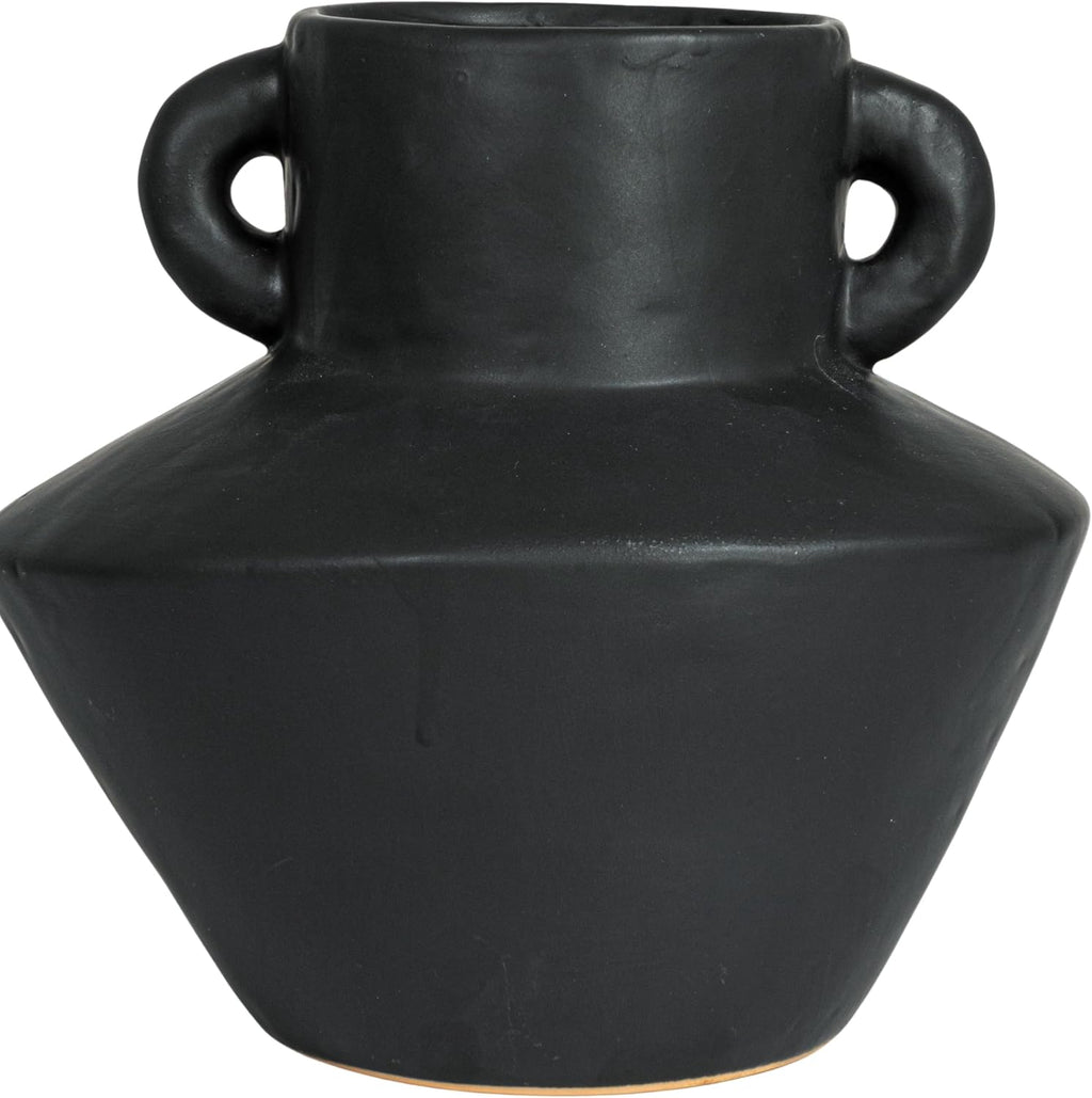 Bloomingville Round Stoneware Vase with Reactive Glaze Finish and Vertical Handles, Black