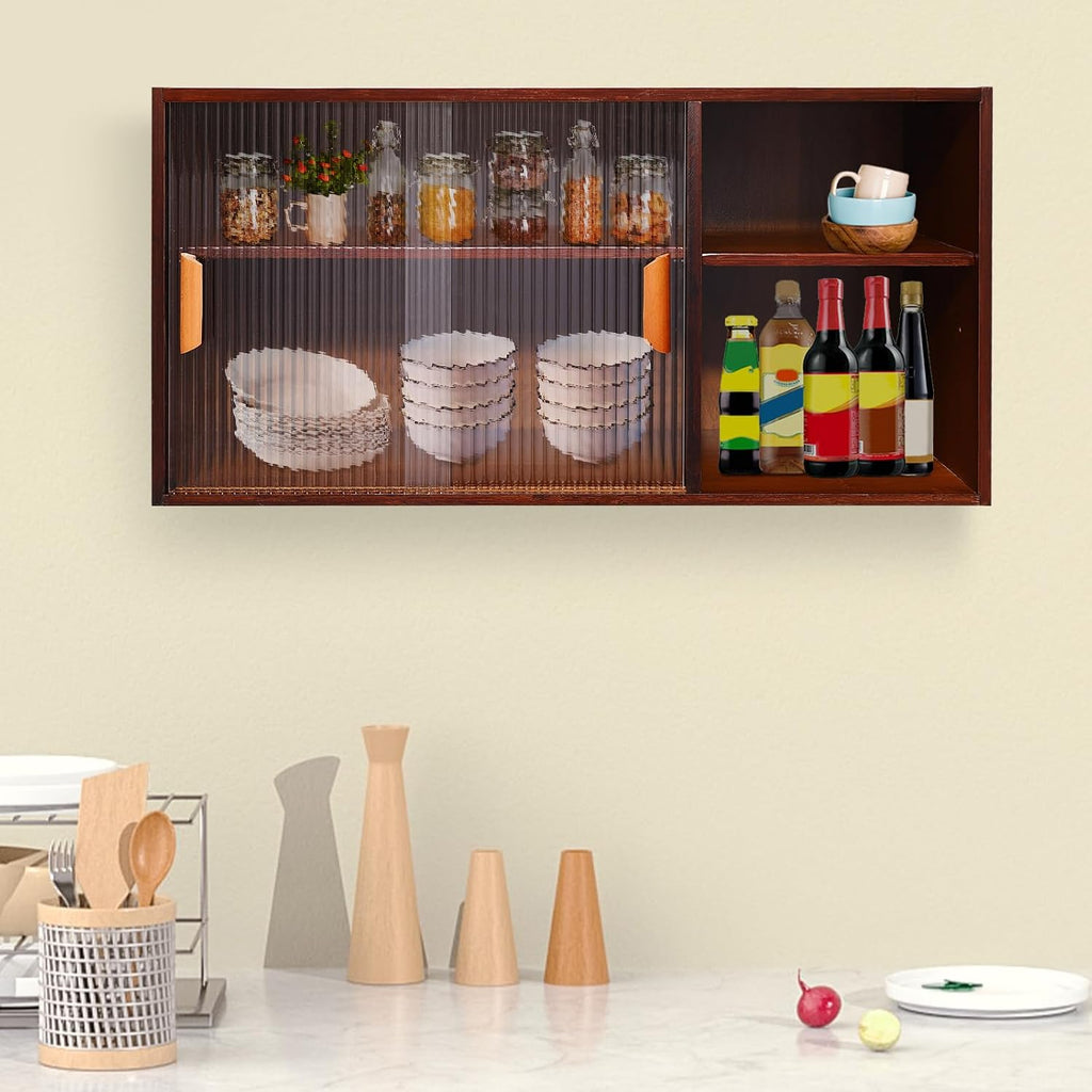 Small Kitchen Pantry Sideboard with 2 Sliding Tempered Glass Doors, Wall Mount or Countertop Cupboard Pantry Cabinet, 31.5 x 11 x 15.7in Storage Cabinets for Dinner Plates, Bowls, Plates