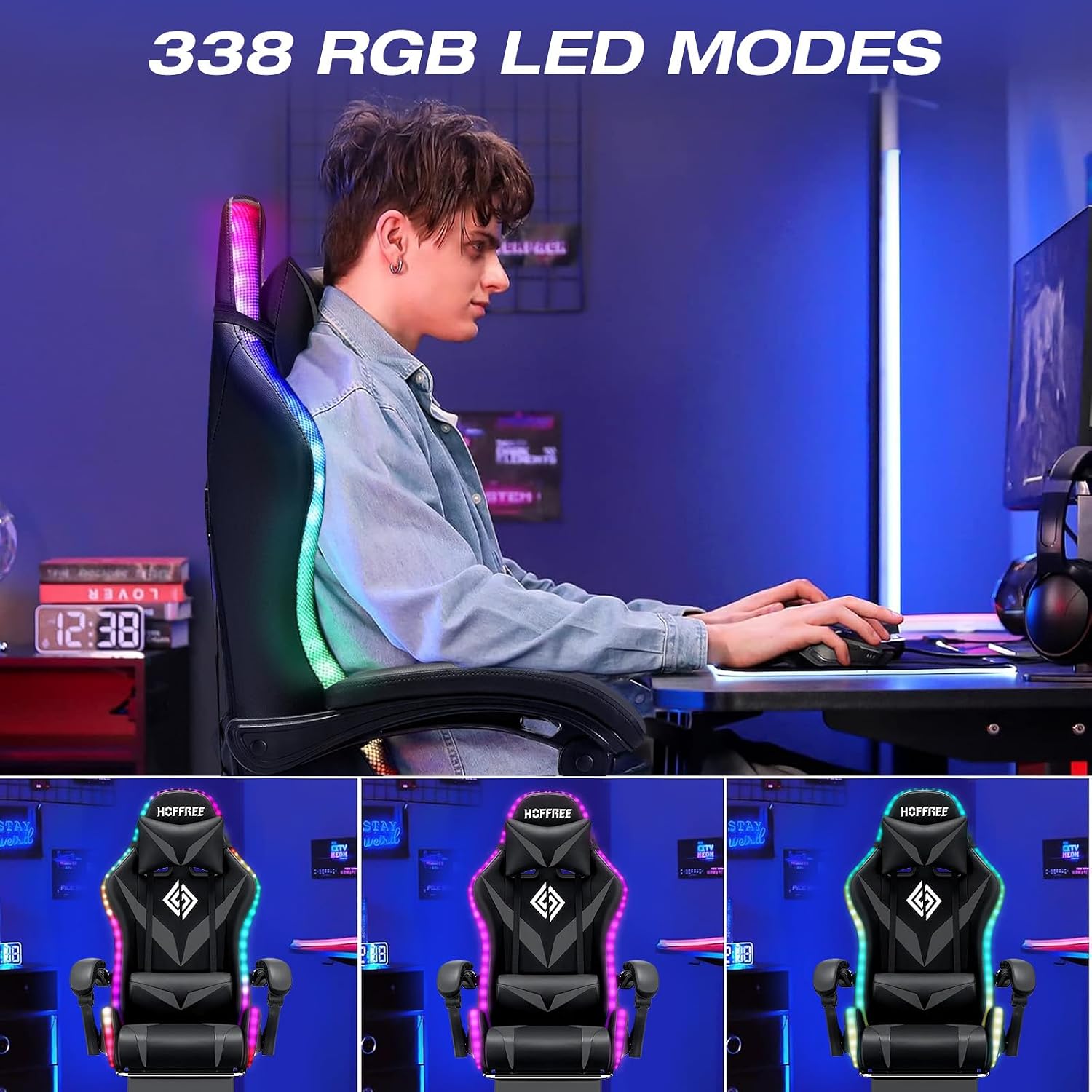 RGB Gaming Chair with LED Lights Massage Ergonomic Game Chairs for Adults High Back Reclining Computer Chair with Footrest Video Game Chair Lumbar Support Racing Style Gamer Chair Grey and Black