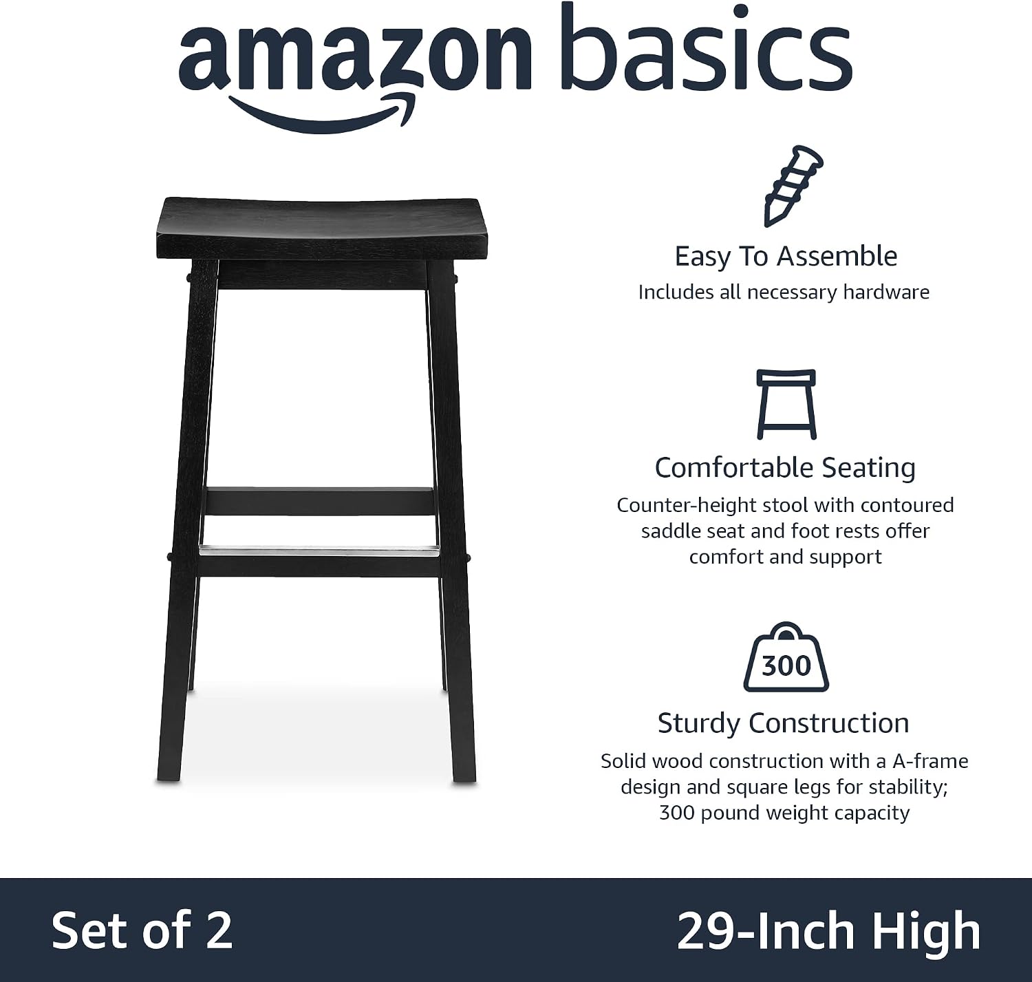 Amazon Basics Solid Wood Saddle-Seat Counter Height Bar Stools for Kitchen Island and Home Bar with Footrest, 29-Inch Height, Black, Set of 2