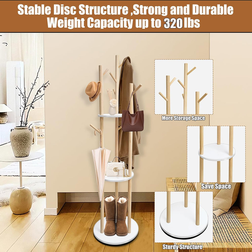 LIWSHWZ Rotary Coat Rack Freestanding,Solid Wood Coat Hanger Stand with 9 hooks & 3 Storage Shelves for Bedroom, Entryway, Livingroom