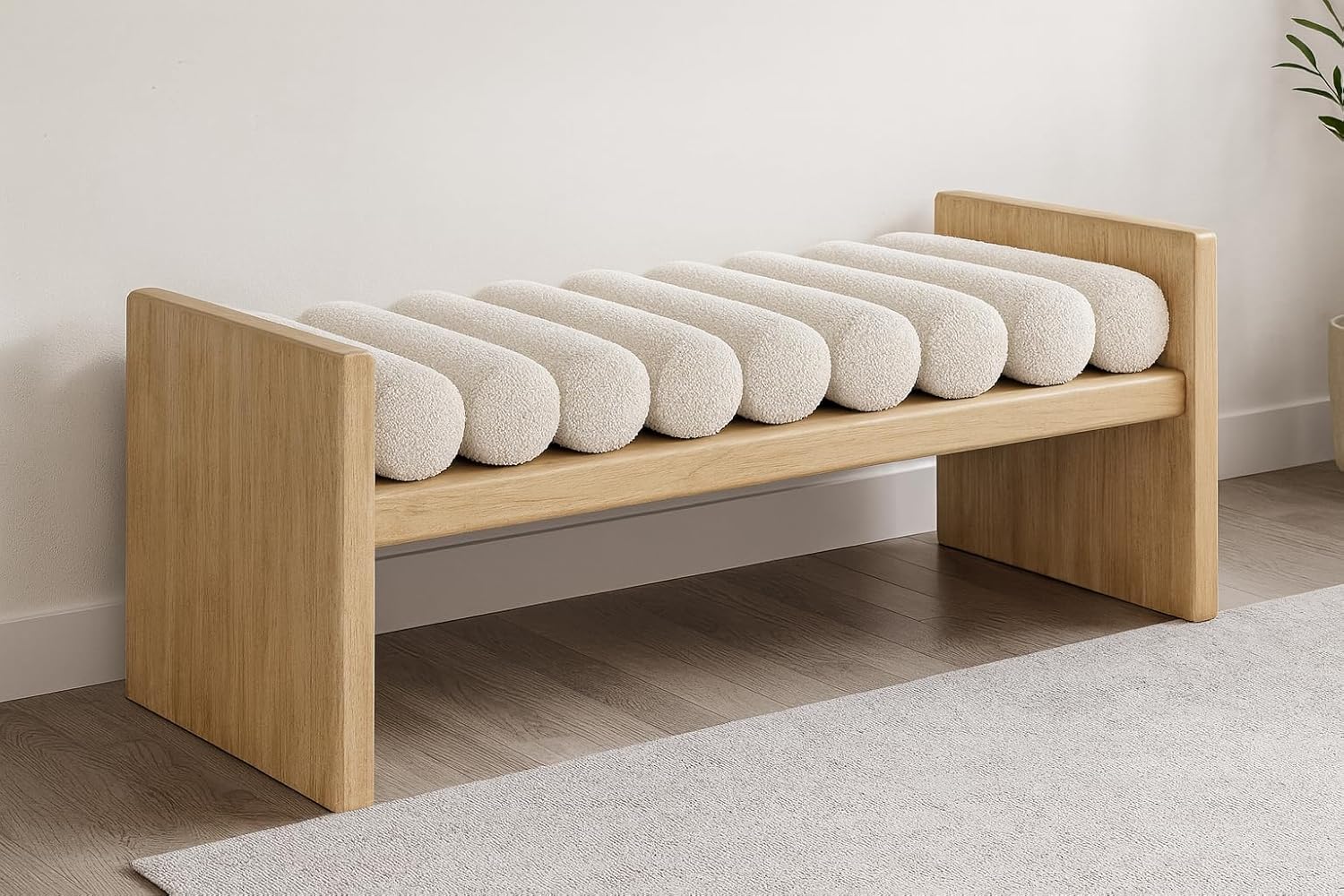 Meridian Furniture 179Cream Waverly Collection Modern | Contemporary Bench with Solid Wood Rich Natural Finish, Luxurious Cream Boucle Fabric, 52" W x 19" D x 18" H, Cream