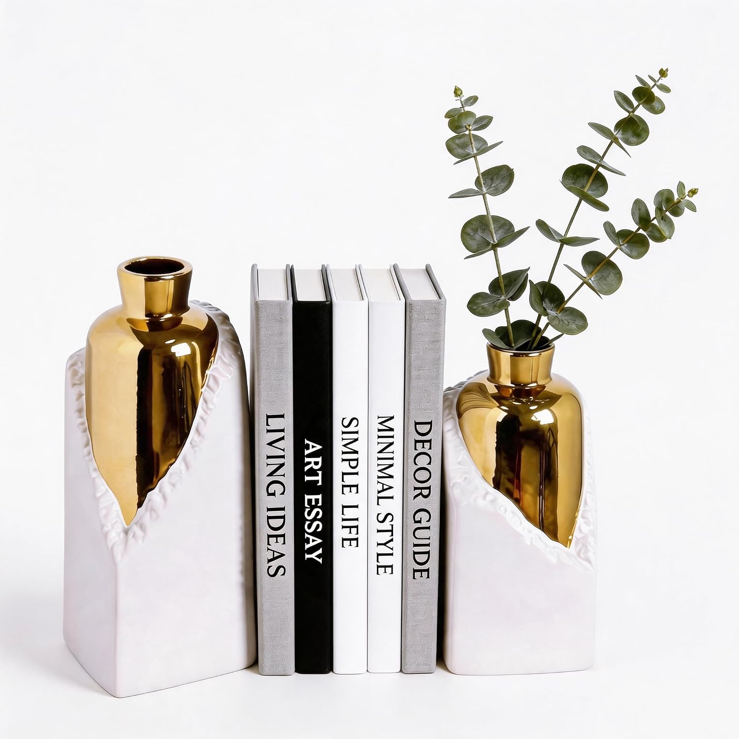 White and Gold Ceramic Vase Set, Modern Home Decor Flower Vases, 2-Piece Bud Vase for Living Room, Wedding & Hotel Dining Table Centerpieces, Fireplace or Bookshelf, 8.6" & 10.8" H
