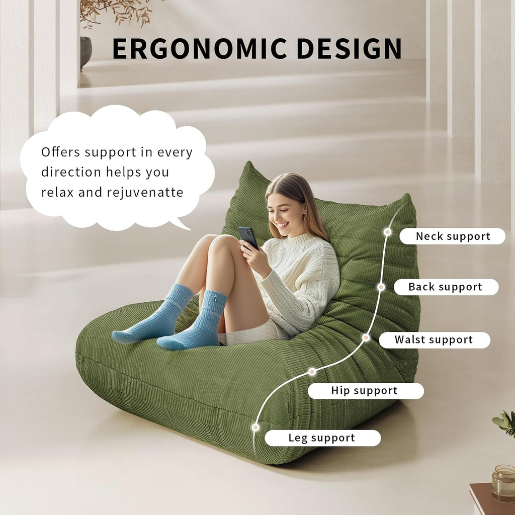 Bean Bag Chair for Adults Fireside 3 Seater Sofa Floor Lazy Couches with Ergonomic Design Corduroy Cozy Memory Foam Lounger Couch for Dorm, Apartment and Gaming Venue,Olive Green