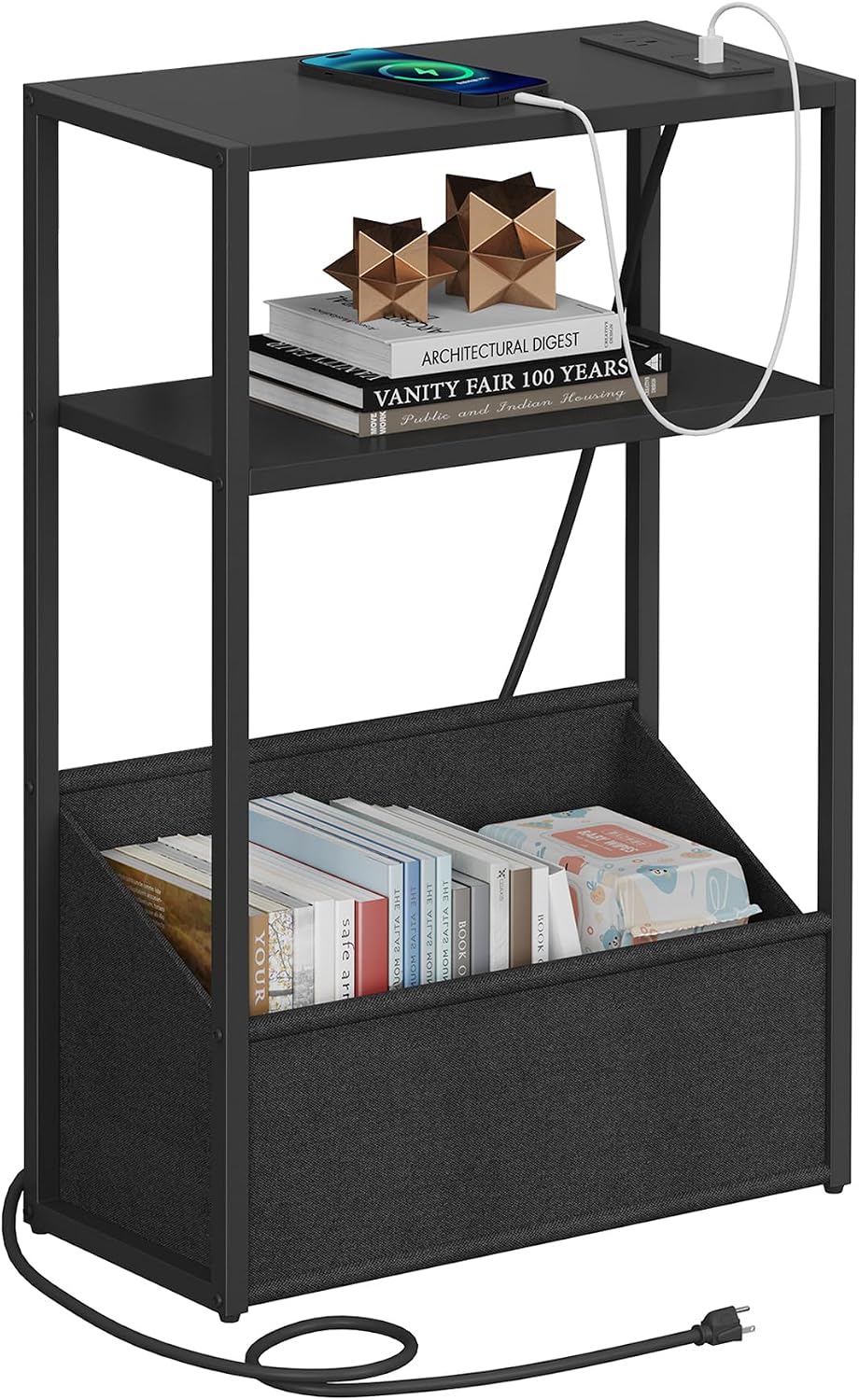 TUTOTAK Keep Phones Charged & Books Organized with Slim 3-Tier Side Table with Charging Station for Living Room Bedroom TB01BK095