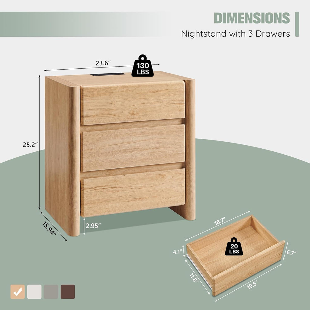 25" Tall Modern Nightstand Set of 2, 23.6" W Night Stand with Charging Station & 3 Handleless Storage Drawers, Wood Nightstands w/Rounded Corner Design for Bedroom (Natural)