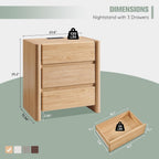 25" Tall Modern Nightstand Set of 2, 23.6" W Night Stand with Charging Station & 3 Handleless Storage Drawers, Wood Nightstands w/Rounded Corner Design for Bedroom (Natural)