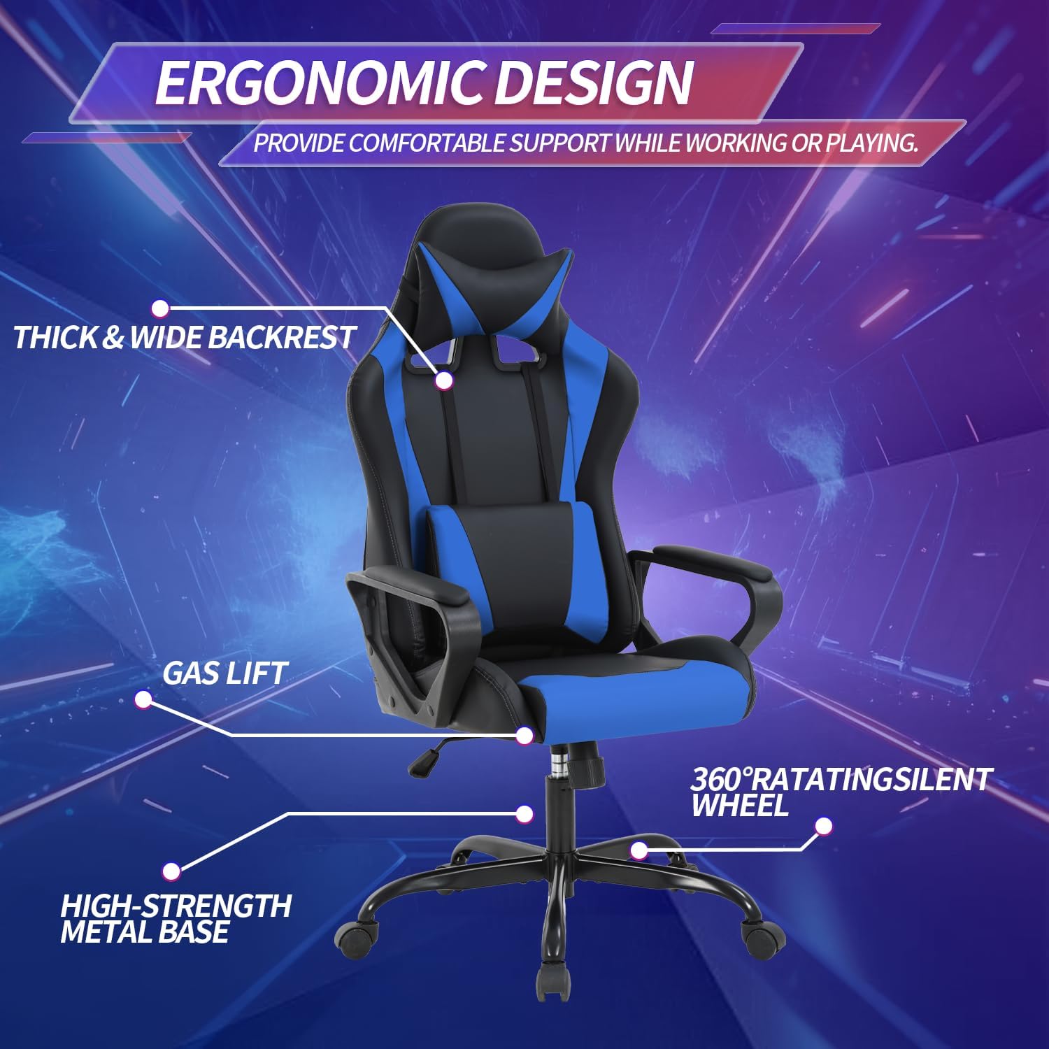 Gaming Chair, Computer Racing Chair Ergonomic Office Chair Video Game Chairs for Adult Kids Teen Height Adjustable Reclining Chair with Lumbar Support Armrest Headrest Swivel Chair Game Chair, Blue