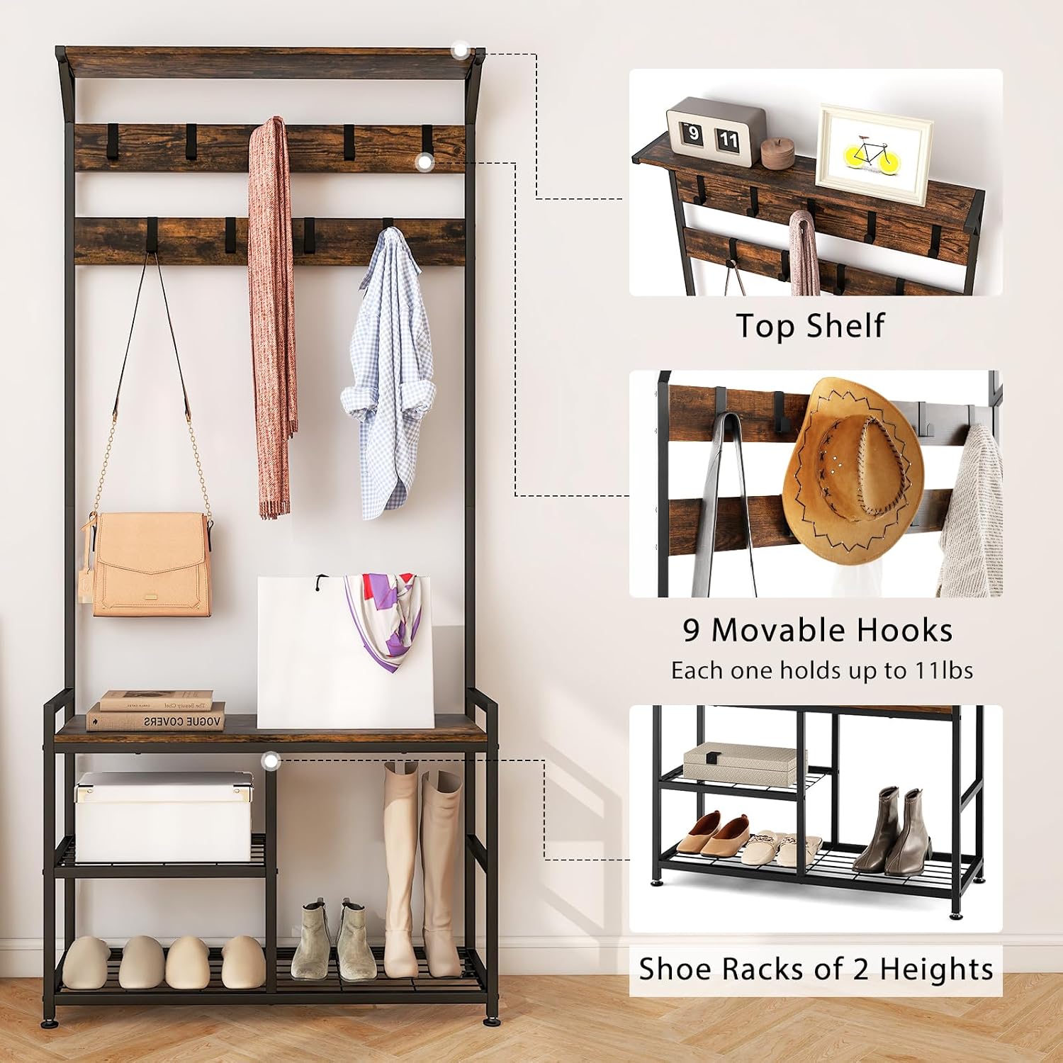 Tangkula Coat Rack Shoe Bench, 3-in-1 Industrial Hall Tree w/Storage Bench & 9 Hanging Hooks, 3-Tier Wood Look Entryway Bench w/Metal Frame, Adjustable Foot Pads for Dorm, Apartment, Hall, Brown