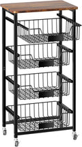 OKZEST Fruit Basket, 5-Tier Utility Kitchen Organizer and Storage Cart with Pull-Out Baskets and Wood Top, Rolling Pantry Kitchen Cart on Wheels for Fruit Potato Onion Vegetable Snack Produce
