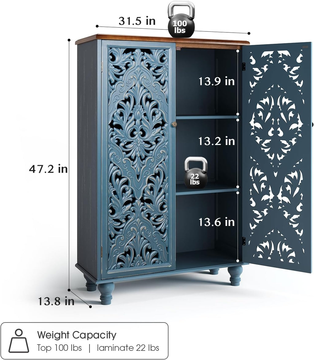 Jiansu furni Buffet Sideboard Cabinet with Hand-Carved Doors,Tall Storage Cabinet for Dining Room, Vintage Wood Accent Cabinet with Shelves, Slim Floor Cupboard for Kitchen & Entryway(Blue & Walnut)