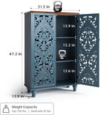Jiansu furni Buffet Sideboard Cabinet with Hand-Carved Doors,Tall Storage Cabinet for Dining Room, Vintage Wood Accent Cabinet with Shelves, Slim Floor Cupboard for Kitchen & Entryway(Blue & Walnut)