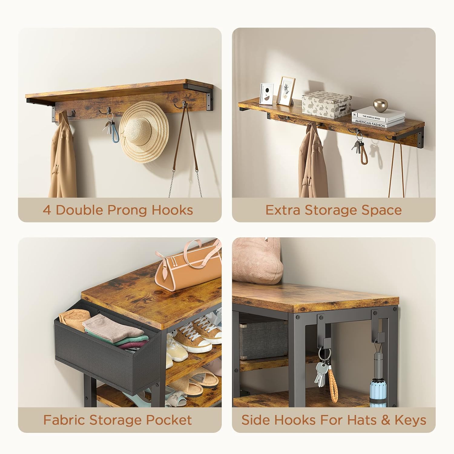 Aiho Entryway Hall Tree Bench with Storage, Industrial Shoe Rack Bench with 4 Hooks, Rustic Brown