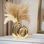 Gold Ceramic Vase Set Home Decor,Round Donut Vase for Pampas Grass for Shelf Decor Home,Nordic Modern Oval Vase for Bookshelf,FireplaceMantle,Centerpieces,Farmhouse,Rustic Décor