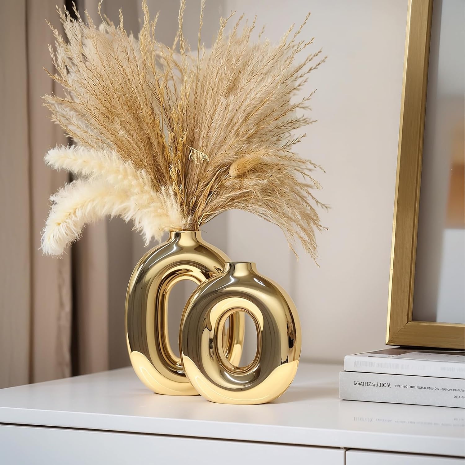 Gold Ceramic Vase Set Home Decor,Round Donut Vase for Pampas Grass for Shelf Decor Home,Nordic Modern Oval Vase for Bookshelf,FireplaceMantle,Centerpieces,Farmhouse,Rustic Décor