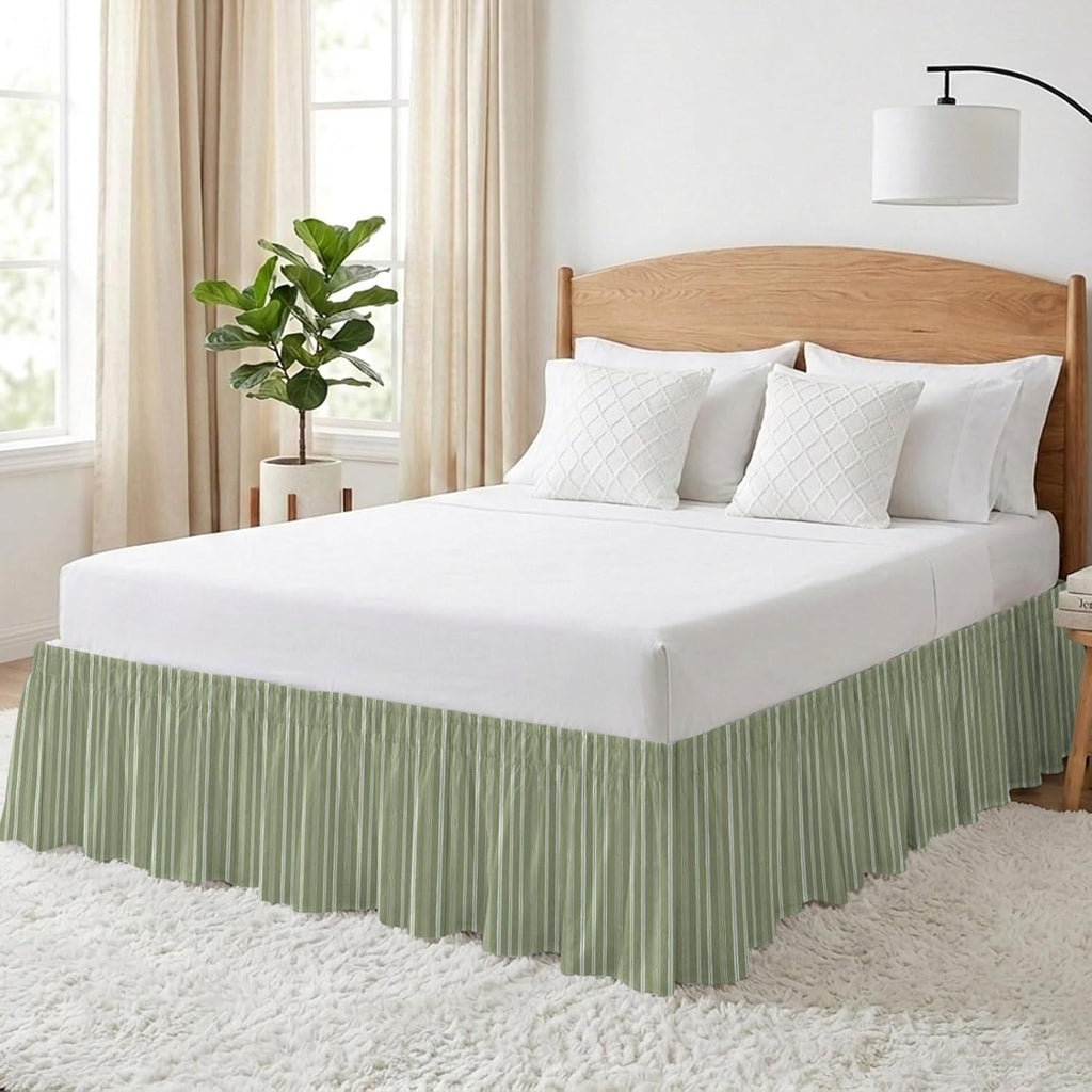 Dark Sage Green Striped Bed Skirt King Size 16 Inch Drop, Adjustable & Elastic Wrap Around Bed Skirts Pleated Dust Ruffles for Twin Full Queen Cal King Base Bed, Farmhouse Stripes Modern Vintage
