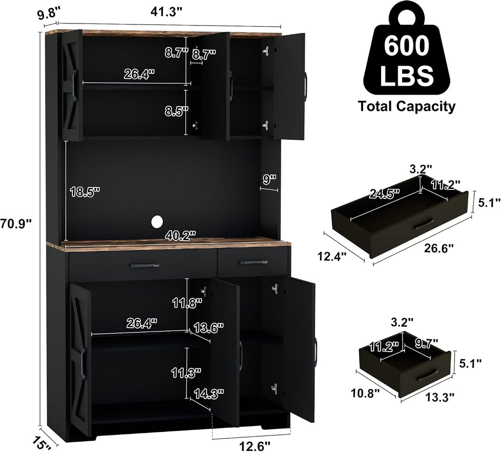 71" Pantry Cabinet with Charging Station, Farmhouse Kitchen Storage Cabinet with Drawers, Large Kitchen Hutch with 6-Zone Organization for Dining, Kitchen, Living Room (Black)