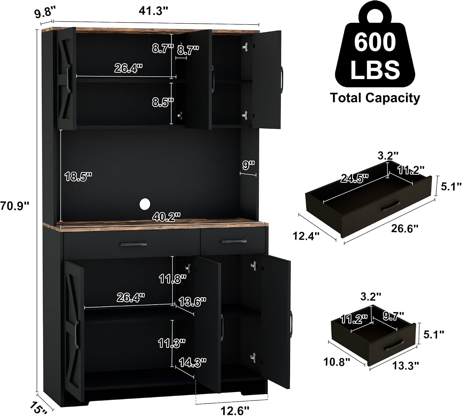 71" Pantry Cabinet with Charging Station, Farmhouse Kitchen Storage Cabinet with Drawers, Large Kitchen Hutch with 6-Zone Organization for Dining, Kitchen, Living Room (Black)