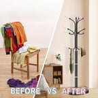 OIRUMIE Coat Rack,Coat Rack Stand with 12 Hooks,Coat Tree Stand for Corner | Coat Rack Freestanding with Natural Marble Base,Black Modern Coat Clothes Hall Tree Hanger Stand for Hallway,Entryway
