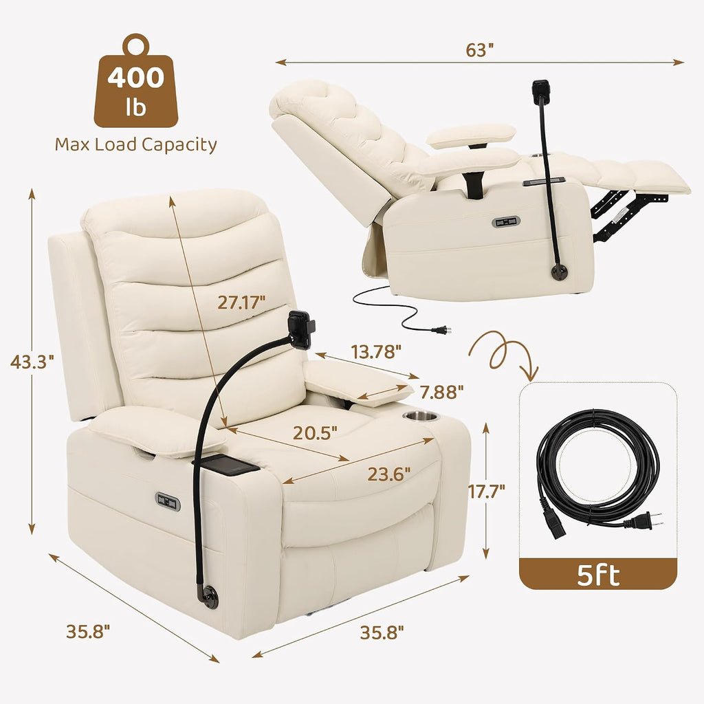 Olela Power Glider Recliner Nursery Chair, Leather Swivel Rocking Chair with Electric Lumbar Support, USB Charging, Smart Cup Holder, Light, Adjustable Armrest, Wireless Phone Charger Holder