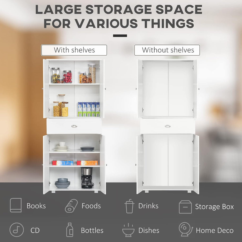 72" Freestanding Kitchen Pantry Cabinet with 2 Large Double Door Cabinets and 1 Center Drawer, White,15.75 * 29.25 * 72.5