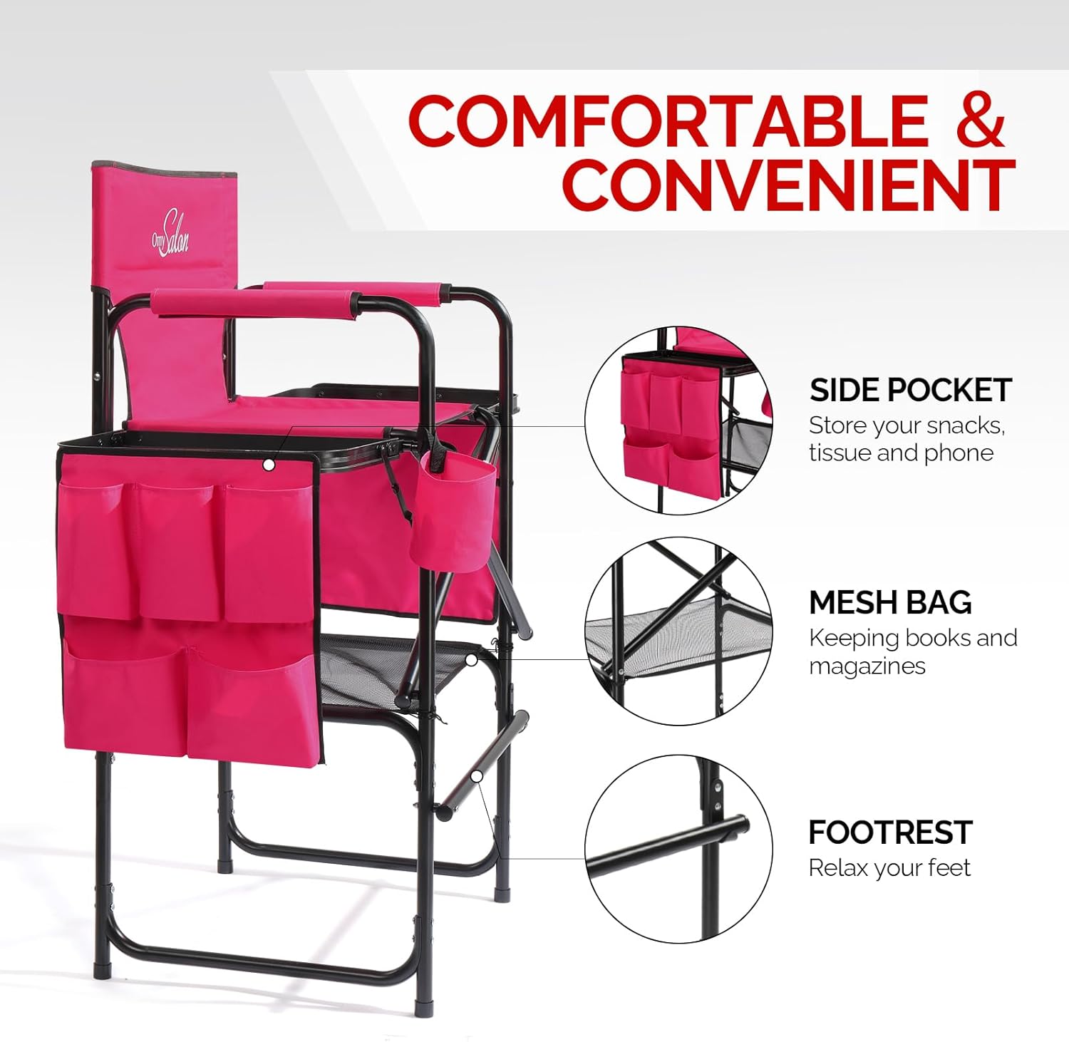 OmySalon Tall Folding Directors Chair with Side Table Storage Bag, Aluminum Frame 300 lbs Capacity, Portable Makeup Artist Bar Height, 19.7" D x 24.6" W x 45.7" H(Rose Red)