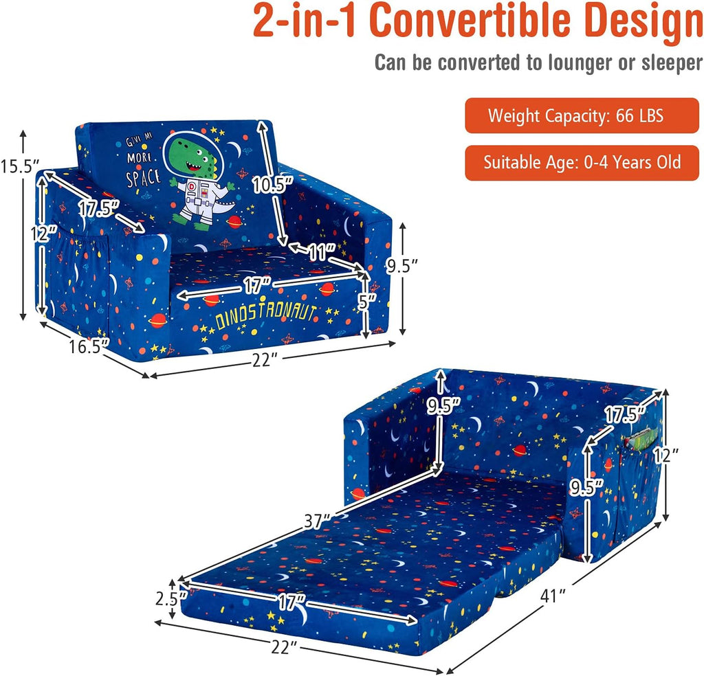 Costzon Kids Couch, 2 in 1 Flip Open Children's Sofa w/Velvet Fabric, Storage Pockets, Toddler Armrest Chair Bed for Nap Play Sleep, Ideal Gift for 0-4 Years Old Baby Boys Girls, Blue Space