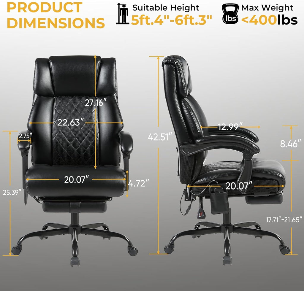 Massage Office Chair with Foot Rest and Heating, Executive Ergonomic Reclining Leather Office Chair, Big and Tall Desk Chair with Vibration Massager, Computer Gaming Chair for Home & Office Black
